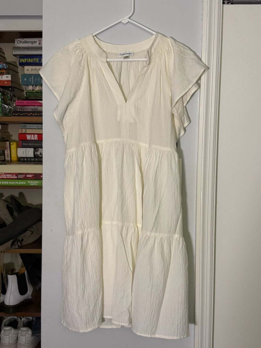 Calvin Klein Flutter Sleeve Tiered Midi Dress White Size 14 New